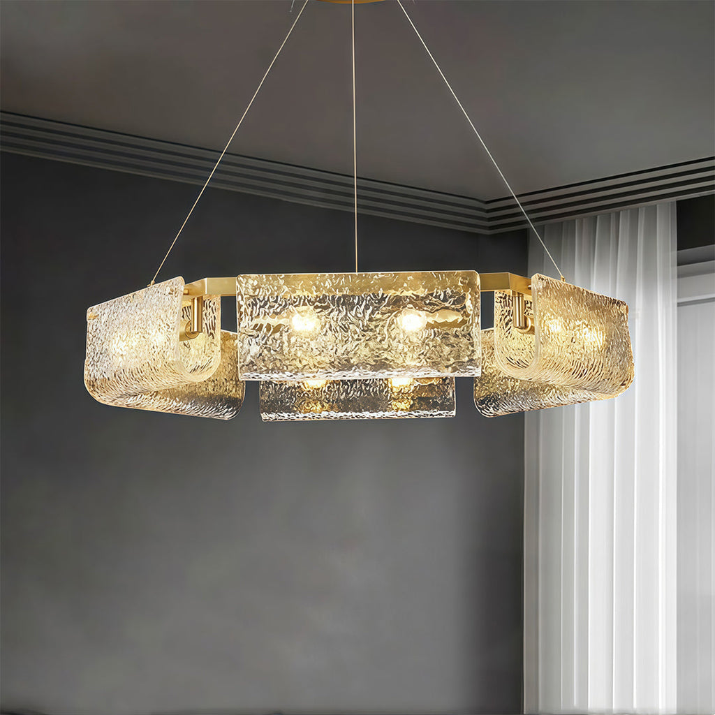 Glass panel chandelier lighting a modern dining room