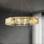 Glass panel chandelier lighting a modern dining room