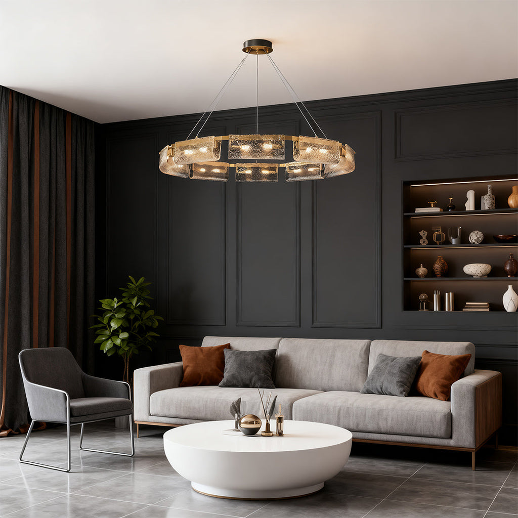 Rectangular glass chandelier in a stylish modern living room