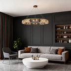 Rectangular glass chandelier in a stylish modern living room