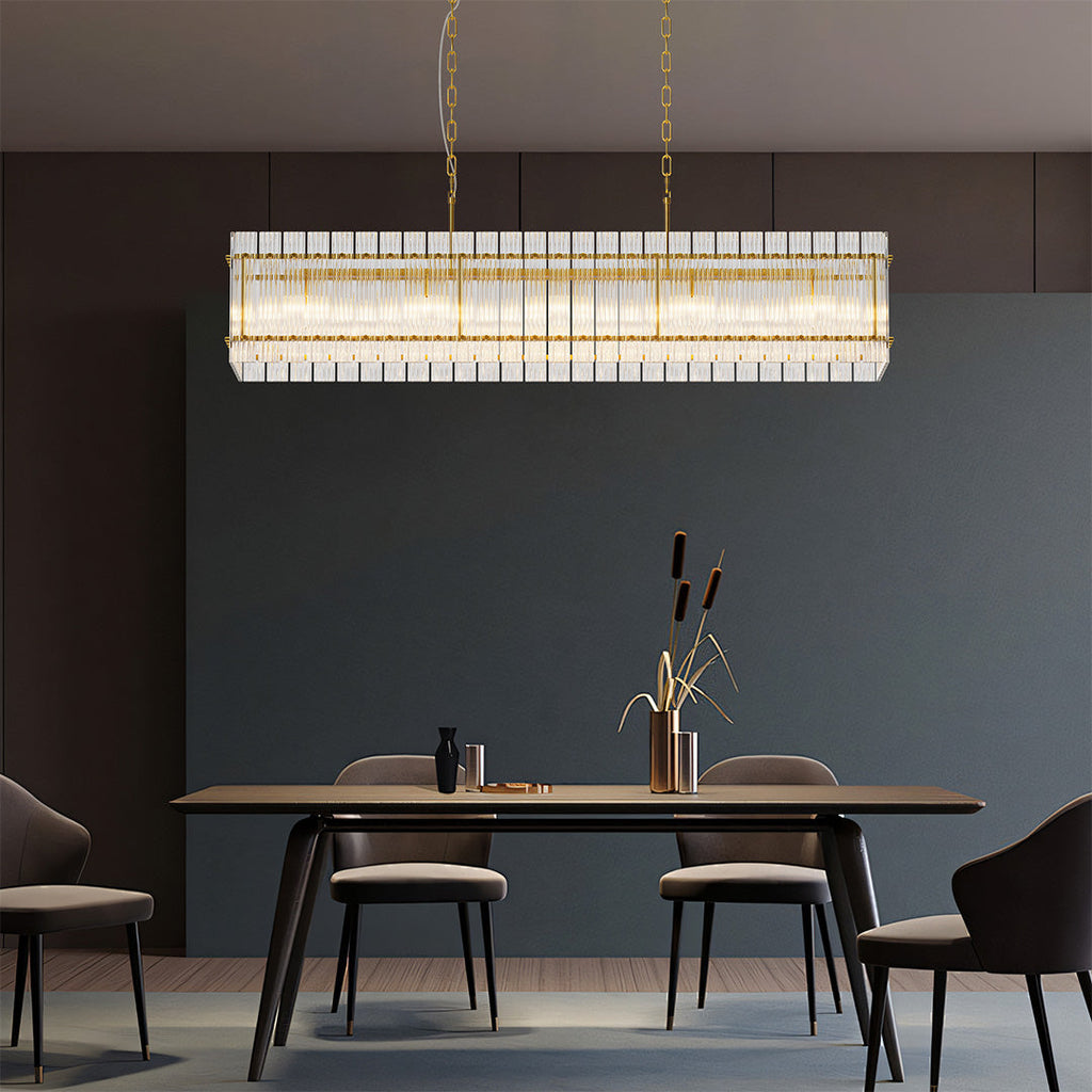 Rectangular gold glass shade chandelier, product view