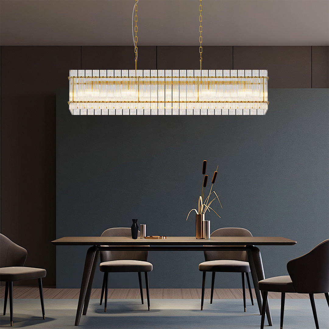Rectangular gold glass shade chandelier, product view