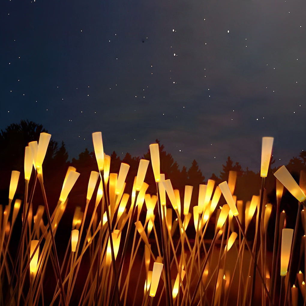 Reed lights giving warm light in a garden at night