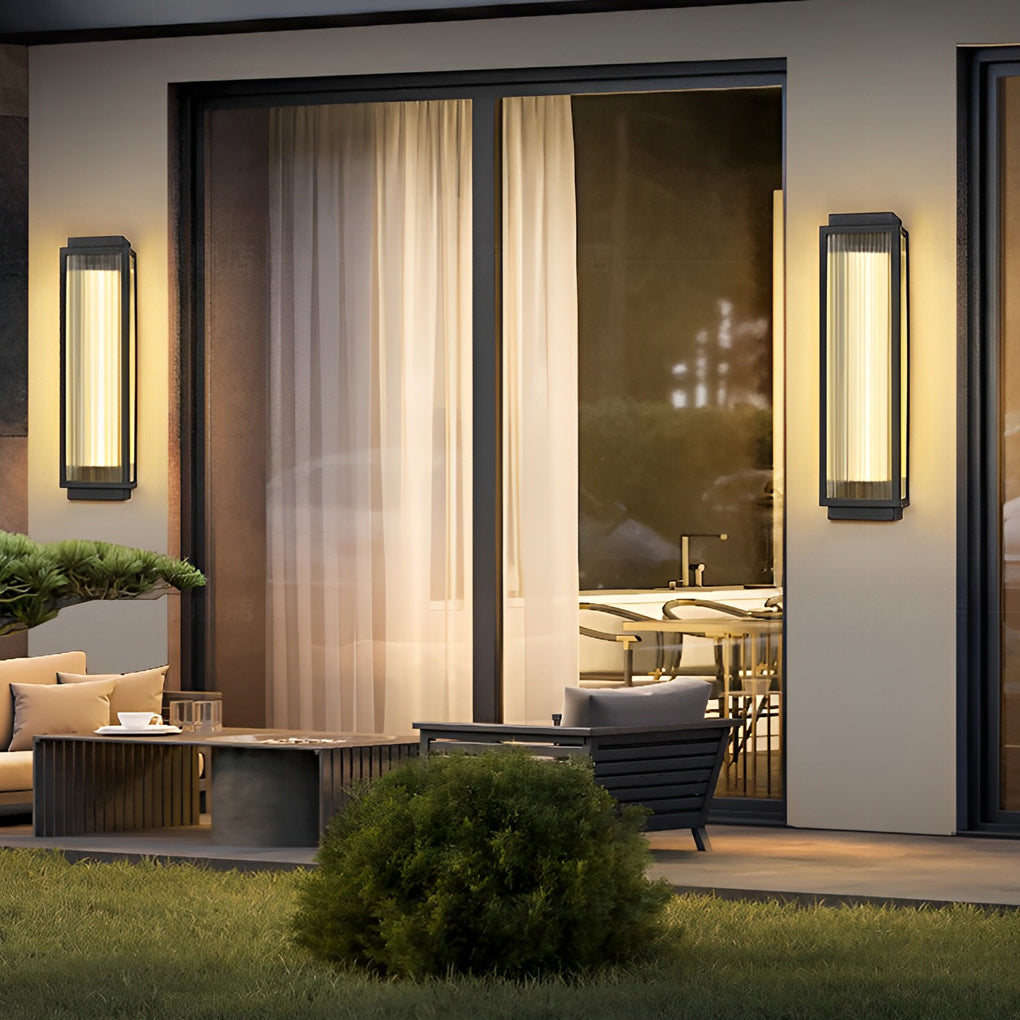 Reeded Glass Wall Light, Rectangular Stainless Steel LED Sconce for Modern Exteriors and Entrances, IP55 in Four Heights
