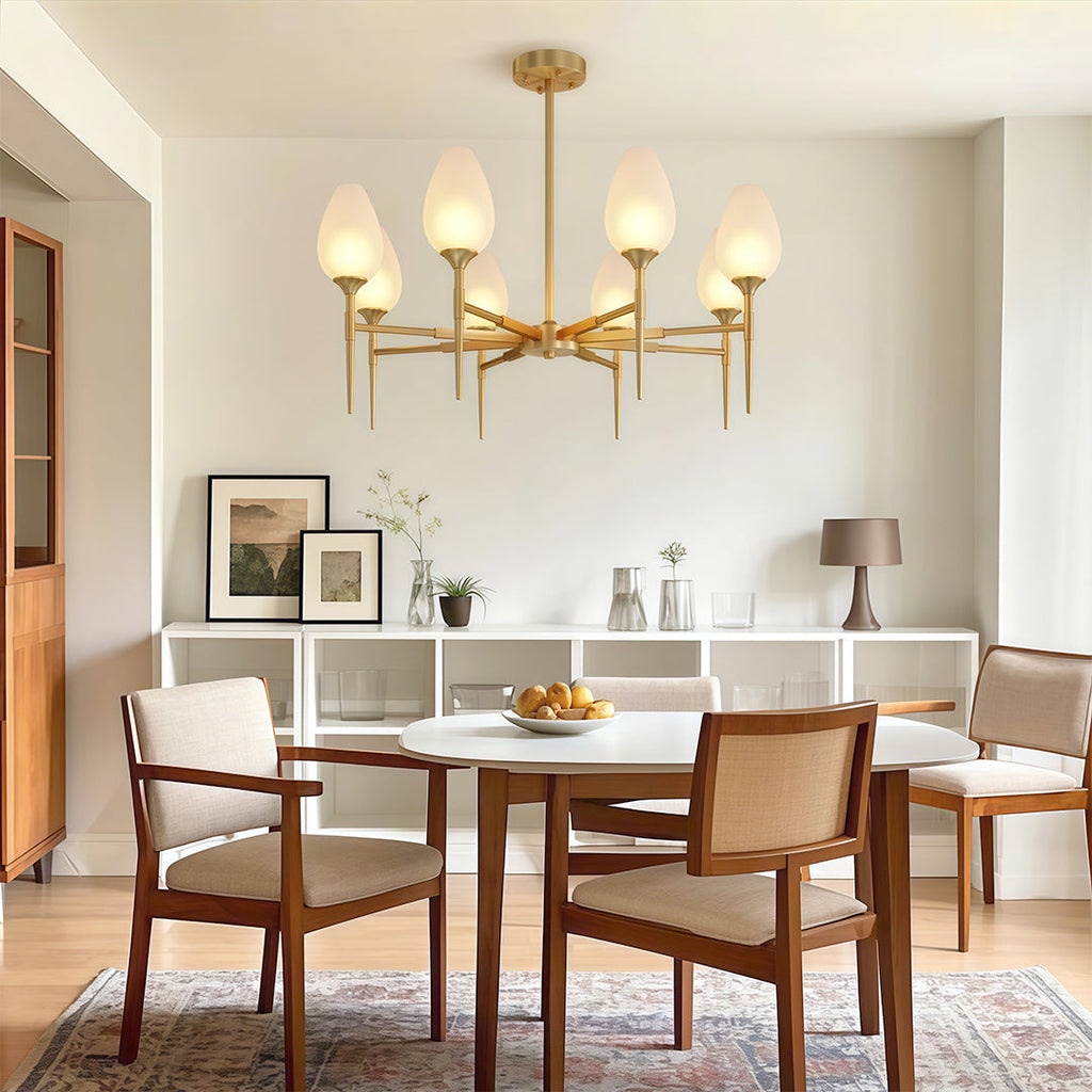 Glass chandelier in a transitional sophisticated dining room