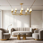 Minimalist chandelier giving ambient light in a living room