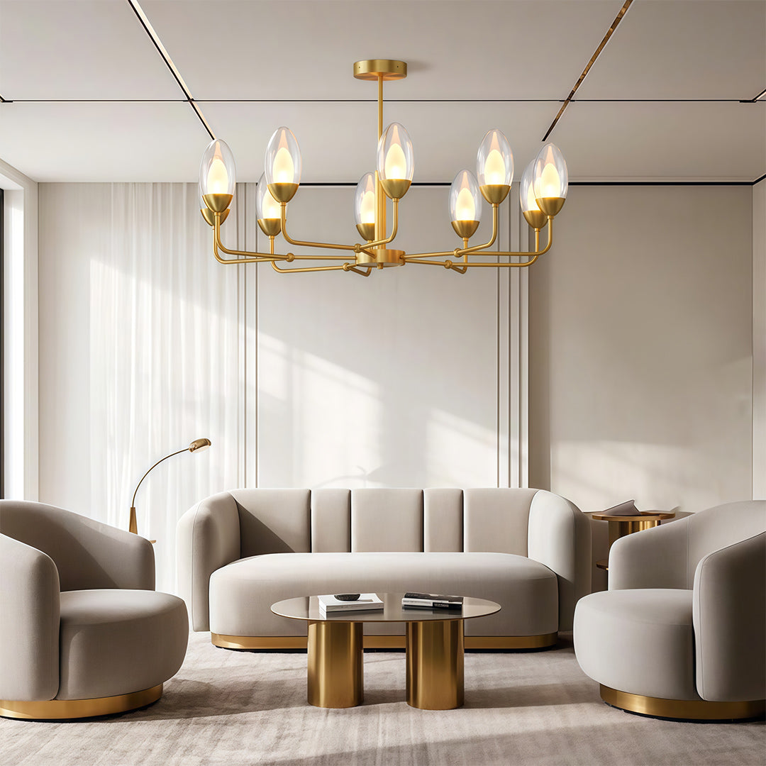 Minimalist chandelier giving ambient light in a living room