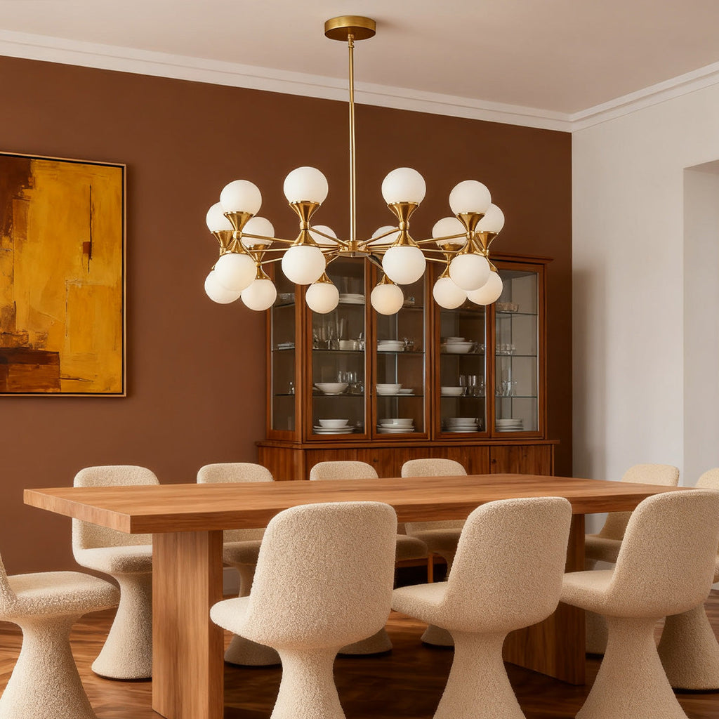 Small reflective spheres on the chandelier in a white room