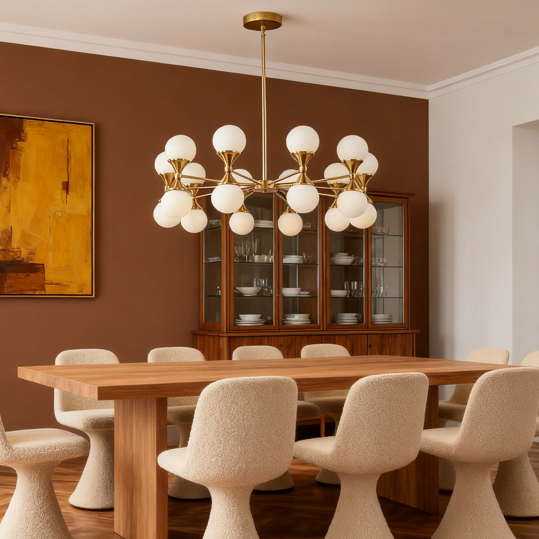 Small reflective spheres on the chandelier in a white room