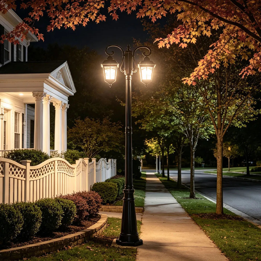 Retro street lamp post standing on a residential sidewalk