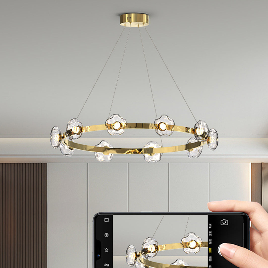 Ring chandelier installed in a kitchen dining space