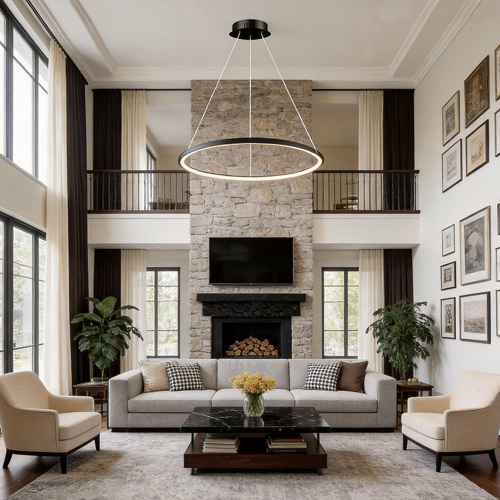 Ring chandelier hanging in a high ceilinged living room