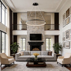 Ring chandelier hanging in a high ceilinged living room