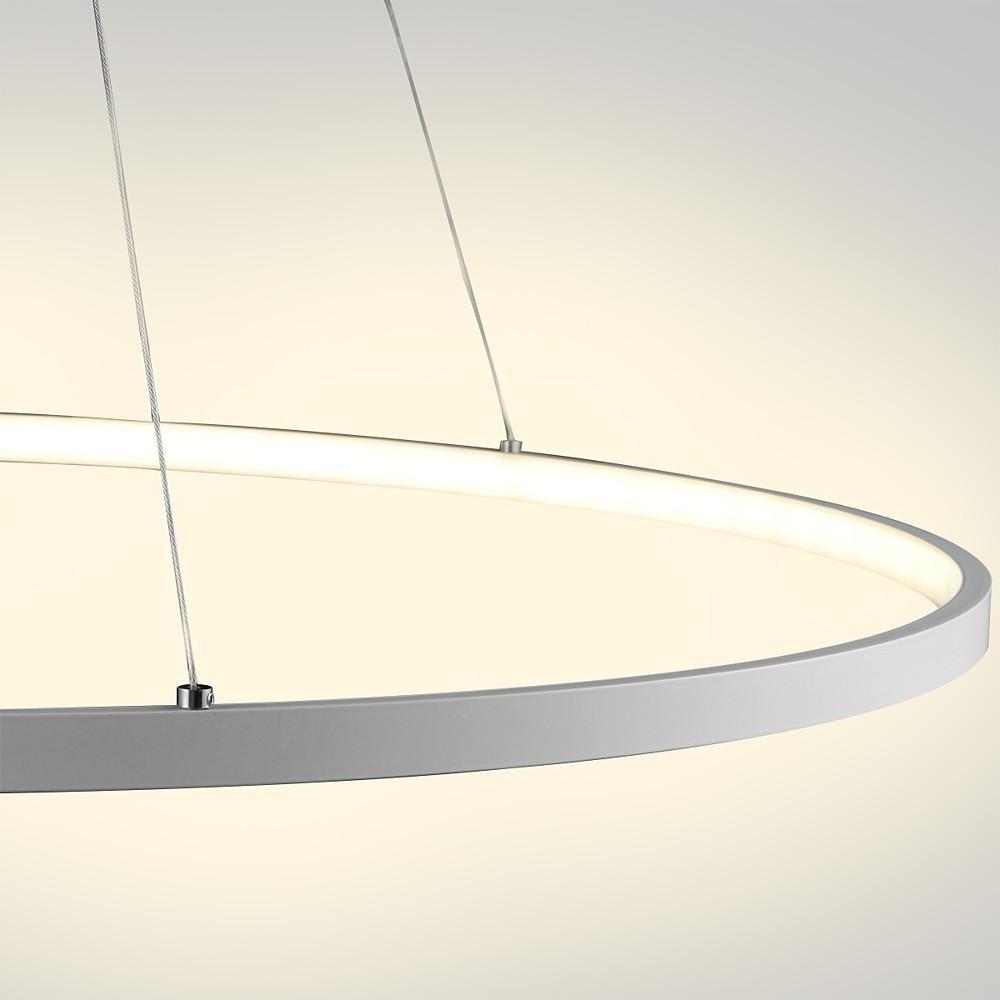 Detail of the white illuminated ring of the chandelier