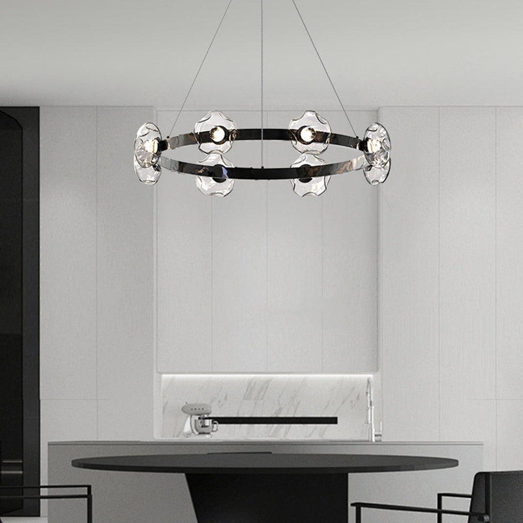 Ring chandelier hanging in a minimalist bathroom
