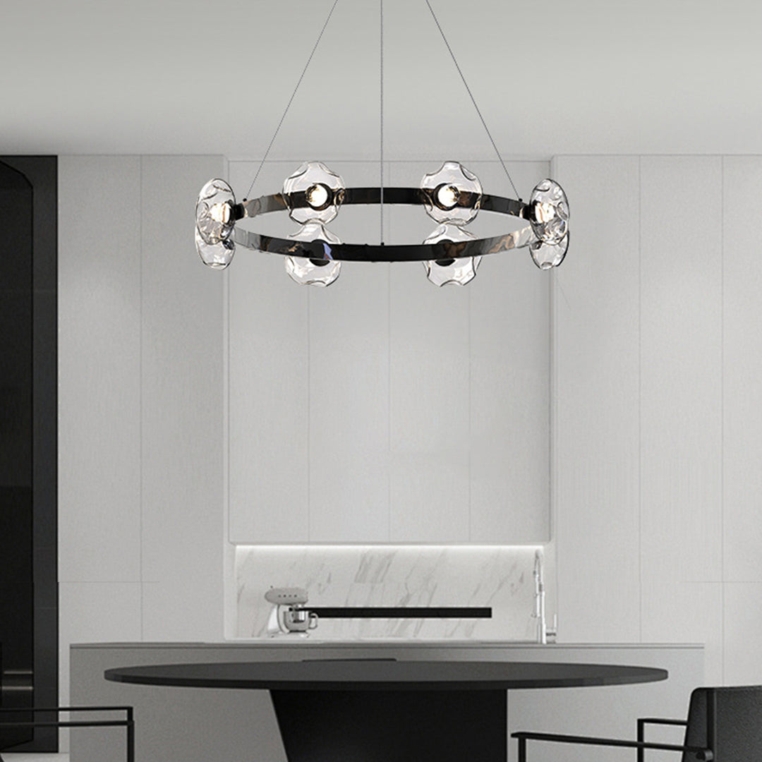 Ring chandelier hanging in a minimalist bathroom