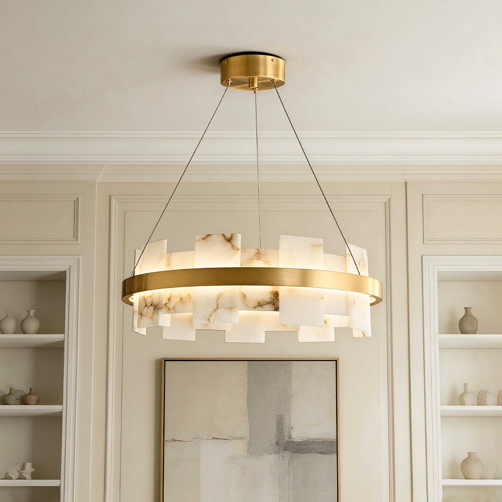 Modern Chandelier, Brass and Marble Ring Ceiling Light for Dining Room, 3-Color Temperature LED