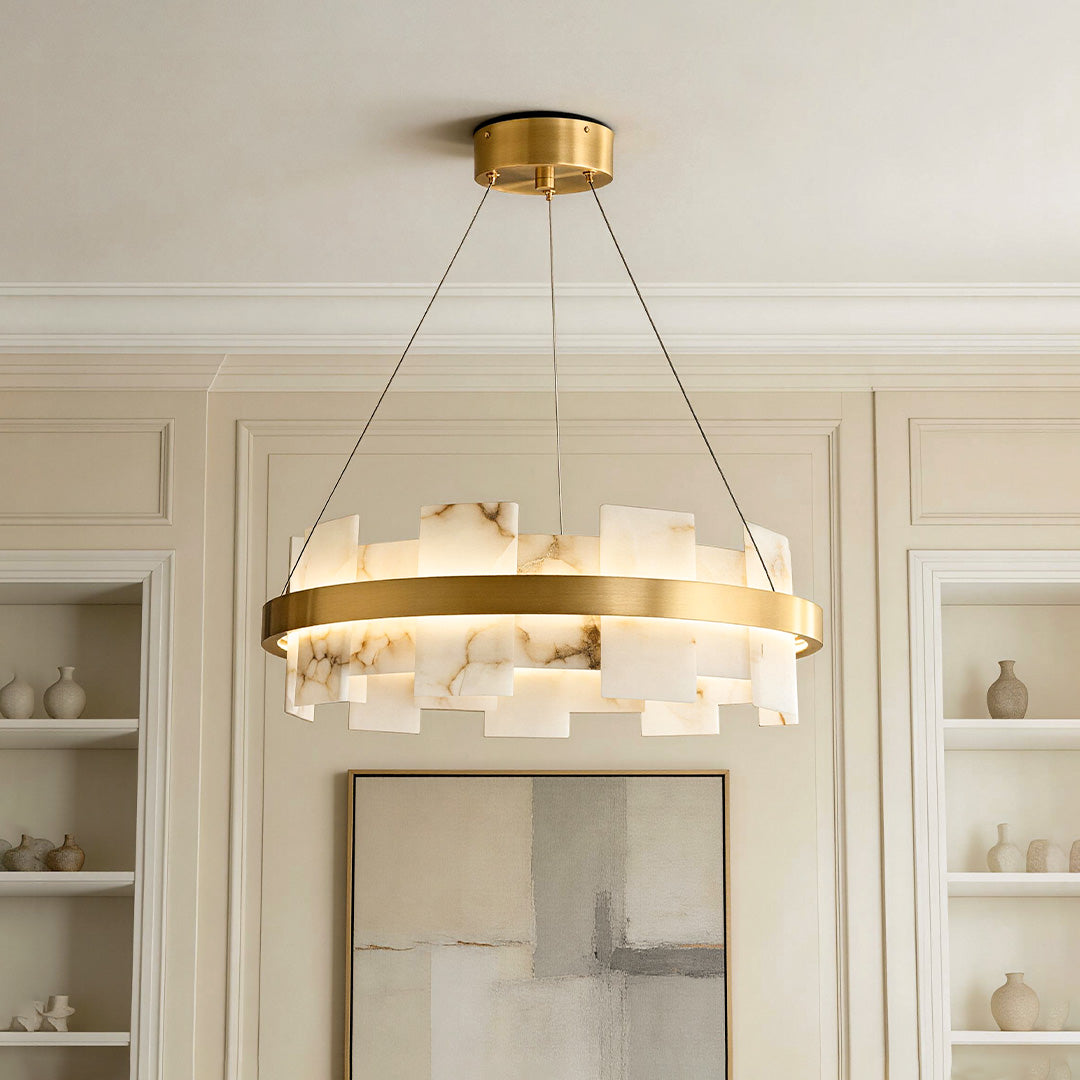 Modern Chandelier, Brass and Marble Ring Ceiling Light for Dining Room, 3-Color Temperature LED
