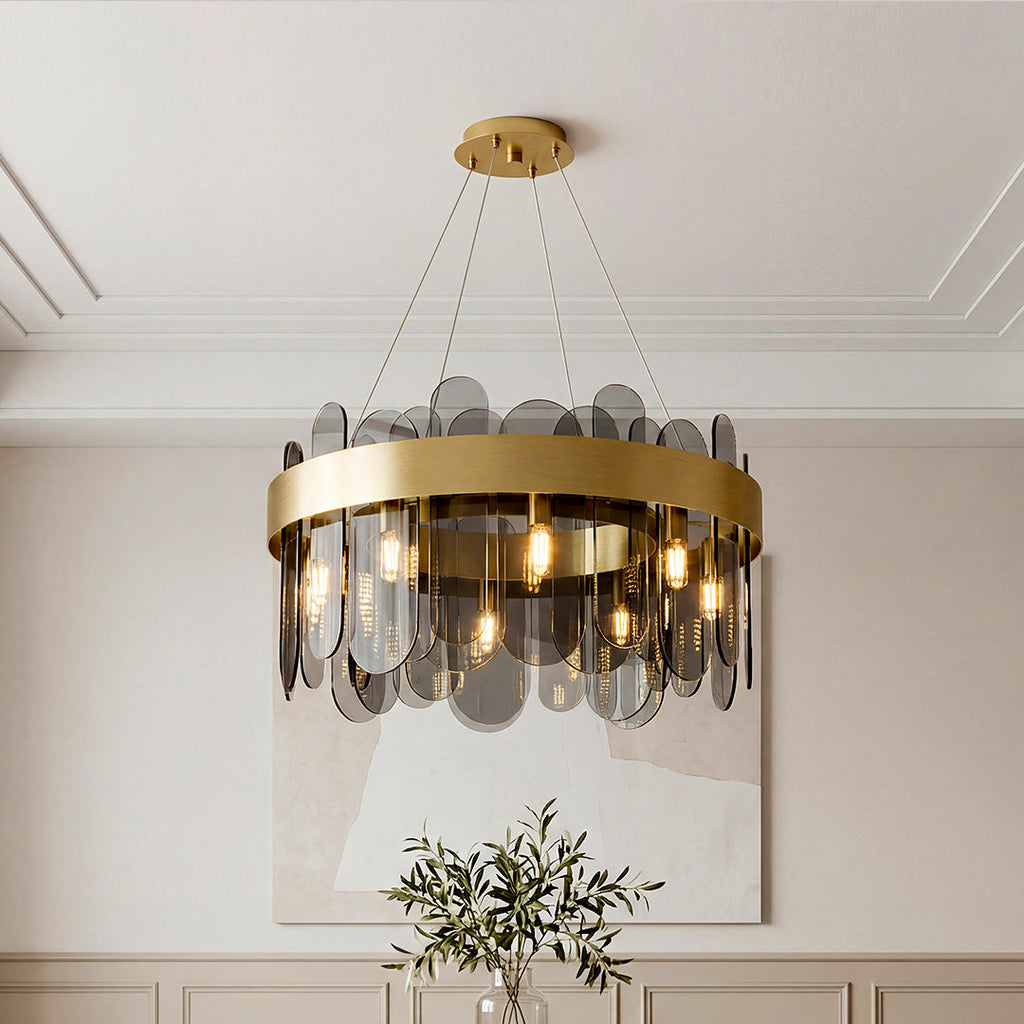 Ring shaped chandelier with smoky glass shades
