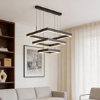 Square chandelier casting directional light in a contemporary living room