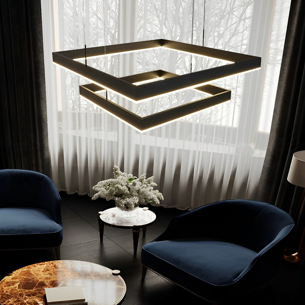 Square chandelier with focused glow in a minimalist interior