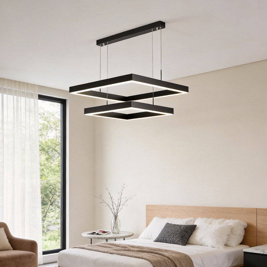 Square tiered chandelier giving warm ambient glow in a bedroom
