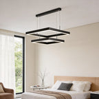 Square tiered chandelier giving warm ambient glow in a bedroom