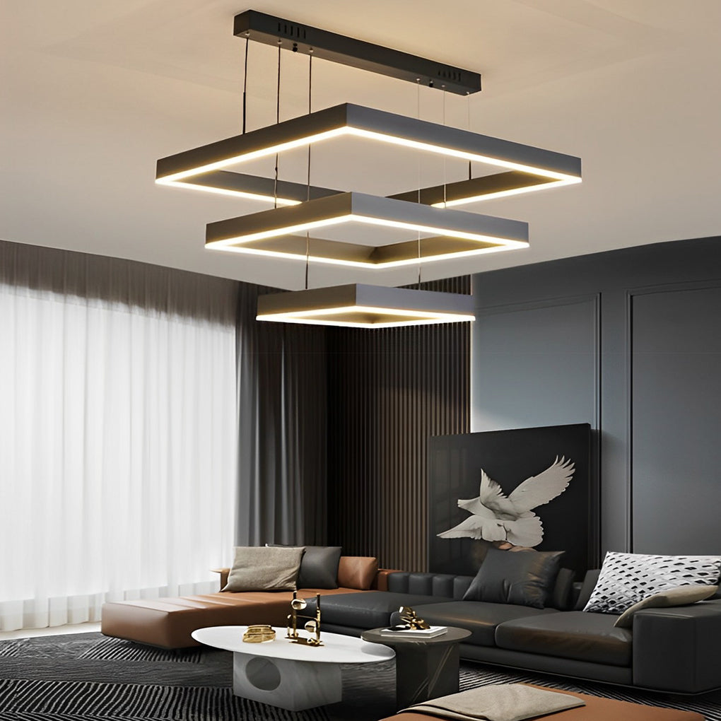 Square chandelier softly lighting a stylish dining area