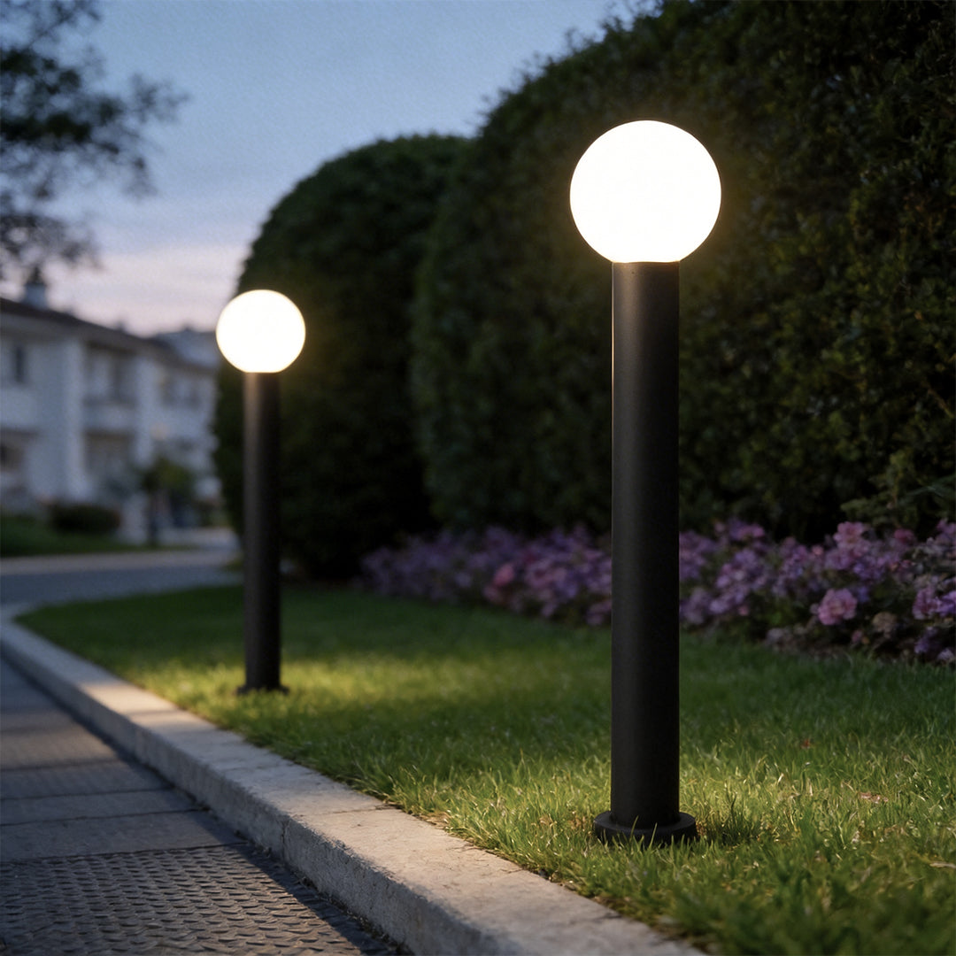 Round Bollard Light, Spherical Globe LED Path Lamp for Gardens and Walkways, Black Metal with Base or Ground Insert