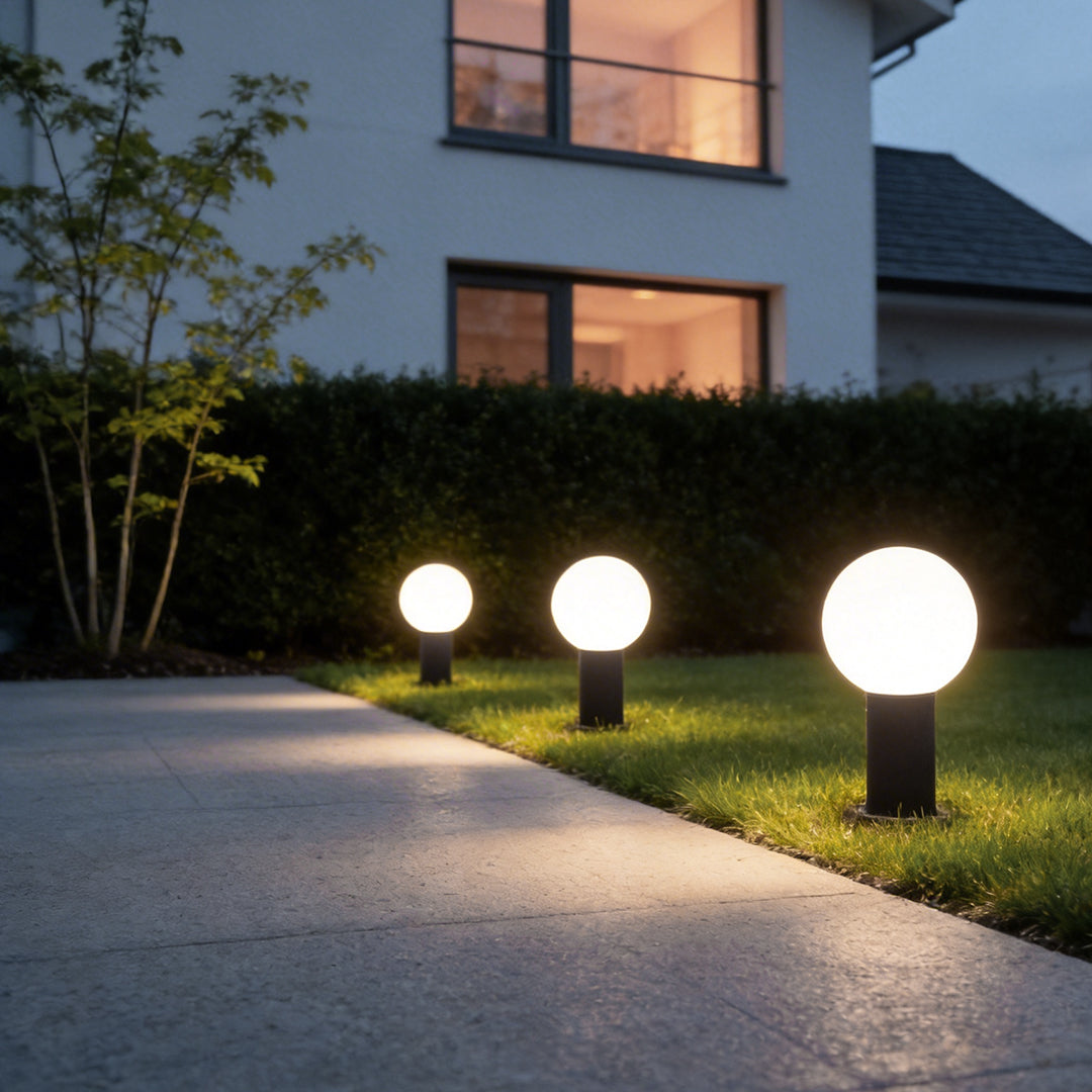 Round Bollard Light, Spherical Globe LED Path Lamp for Gardens and Walkways, Black Metal with Base or Ground Insert