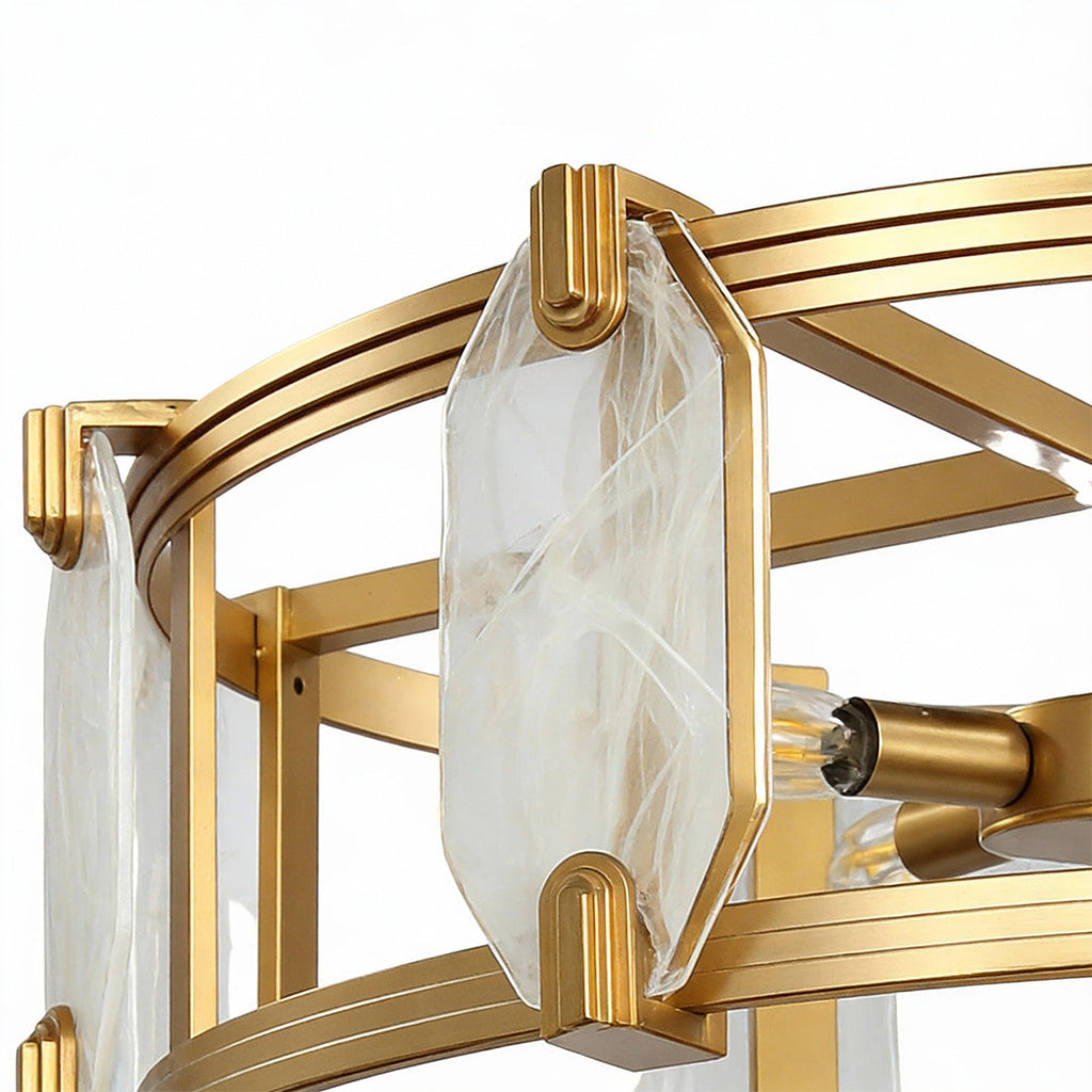 Gold framed chandelier with white glass panels shown lit