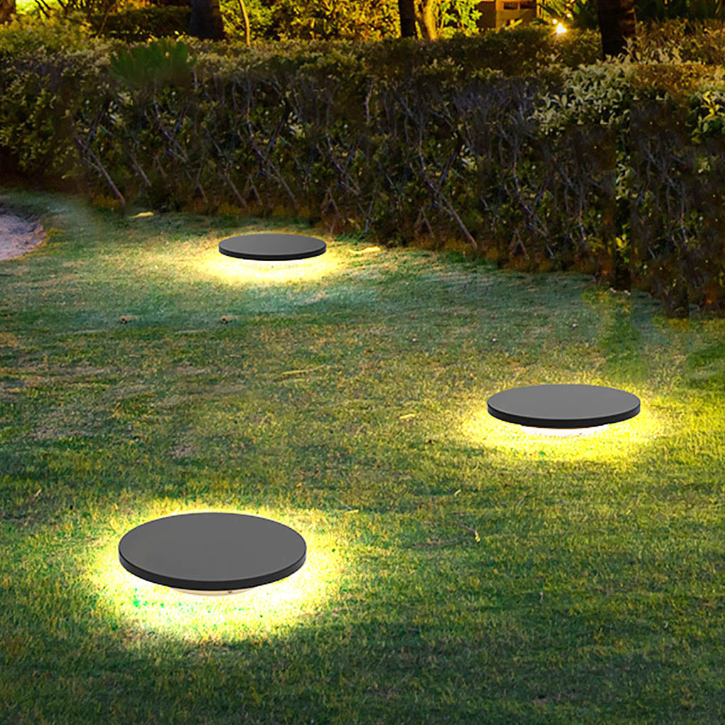 Round lawn lights used as accent lighting in a yard