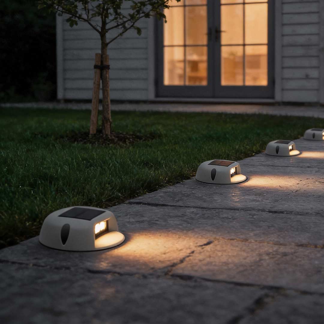 Round deck light giving warm ambient glow along a garden pathway