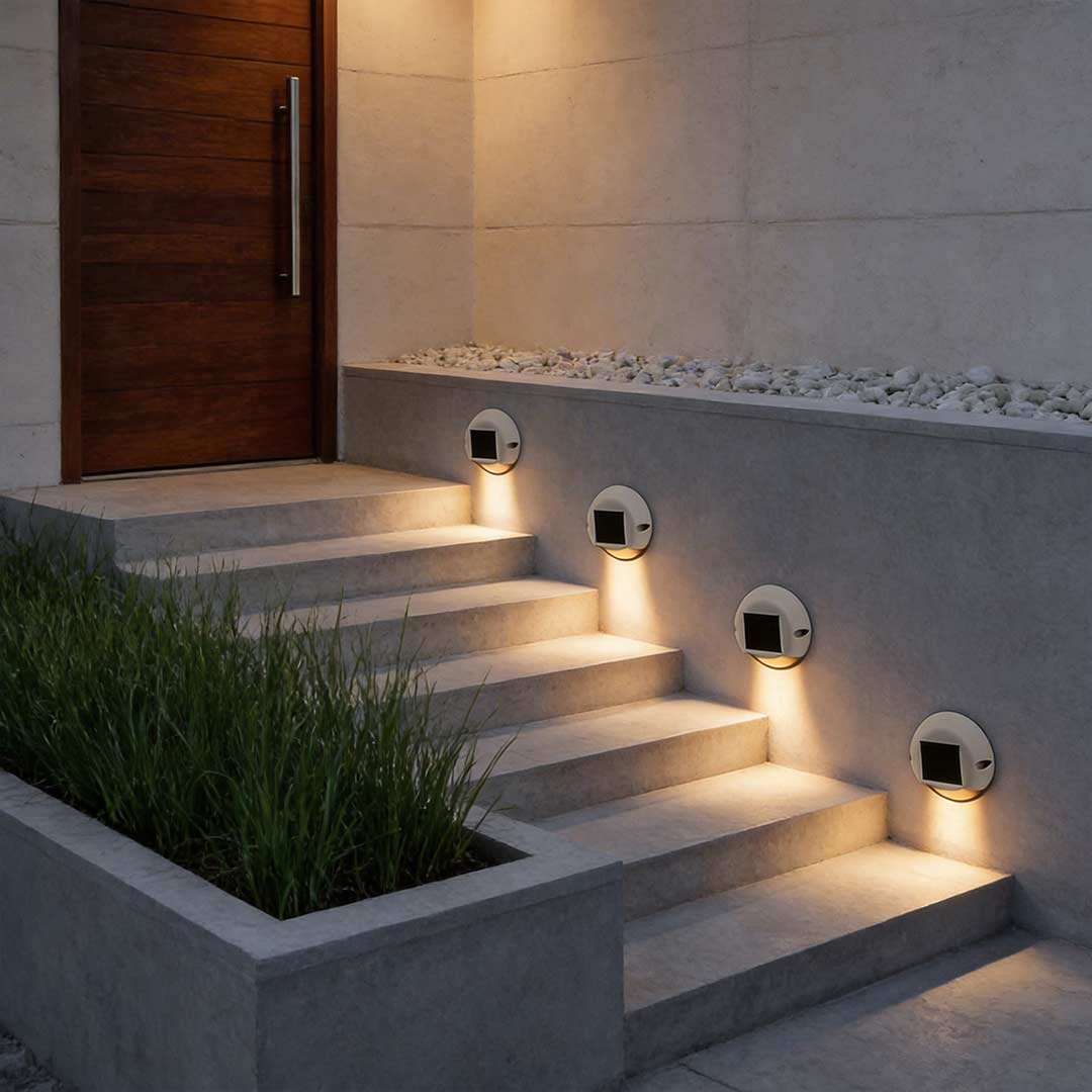 Round deck light softly lighting a modern house entrance