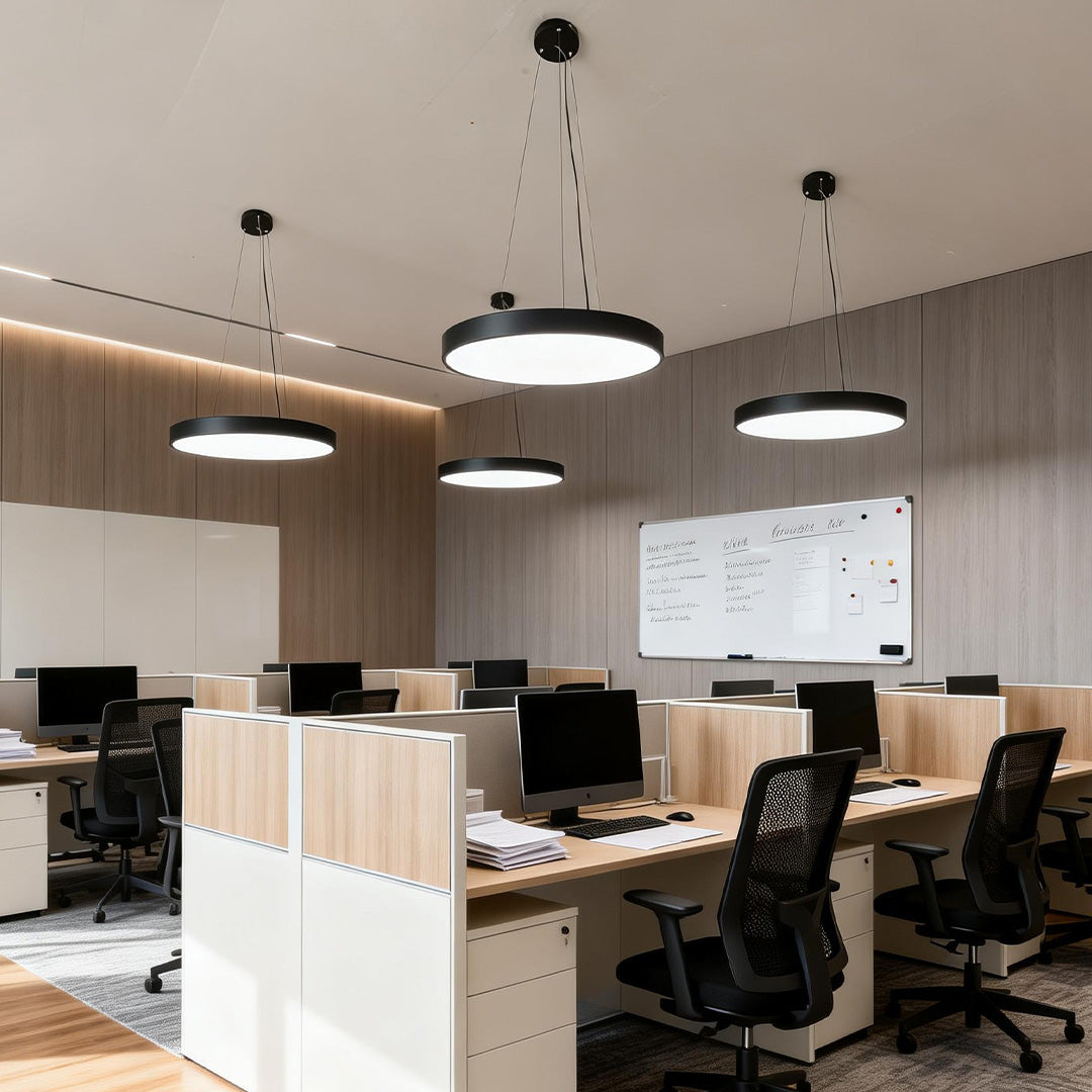 Round LED Pendant Light, Minimalist Iron and Acrylic Circular Ceiling Fixture for Offices and Meeting Rooms, Four Diameters
