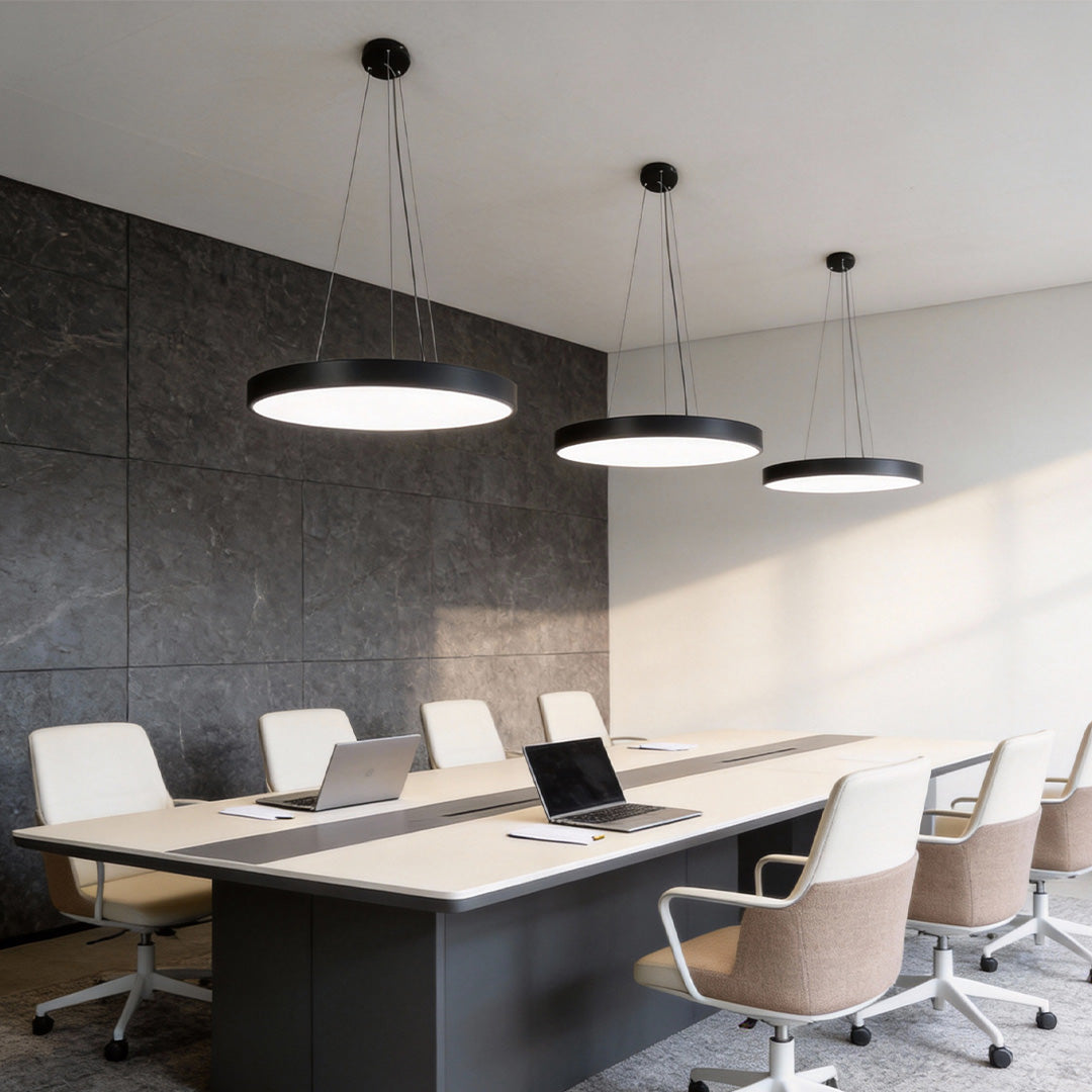 Round LED Pendant Light, Minimalist Iron and Acrylic Circular Ceiling Fixture for Offices and Meeting Rooms, Four Diameters