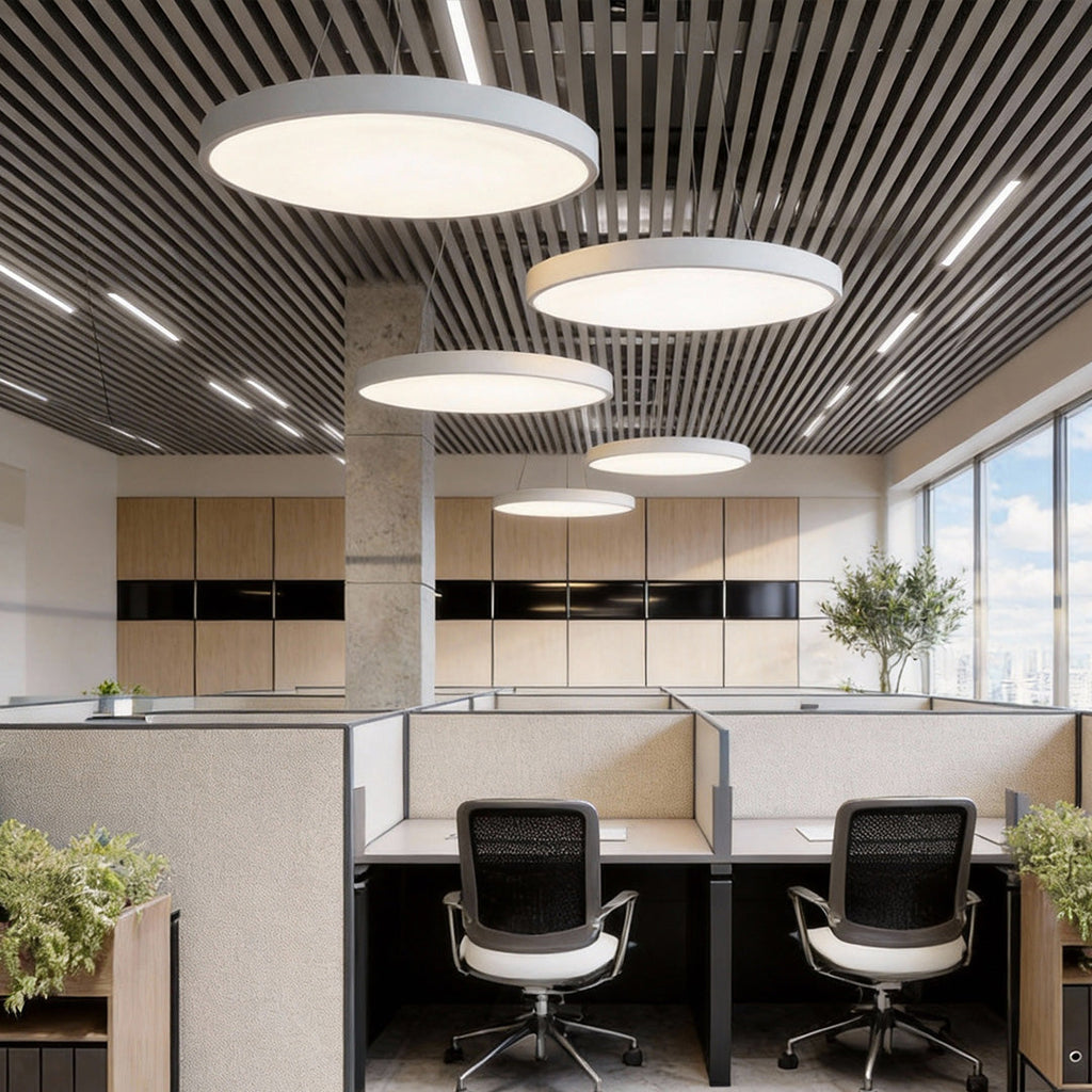 Round pendant lights over a cubicle office floor
