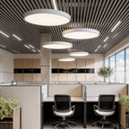 Round pendant lights over a cubicle office floor