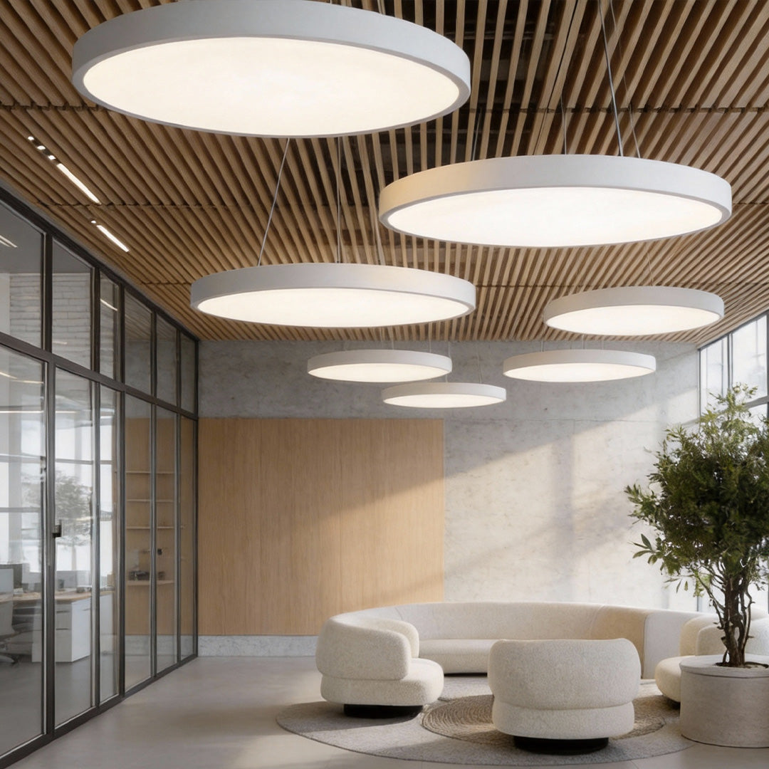 Round LED Pendant Light, Minimalist Iron and Acrylic Circular Ceiling Fixture for Offices and Meeting Rooms, Four Diameters