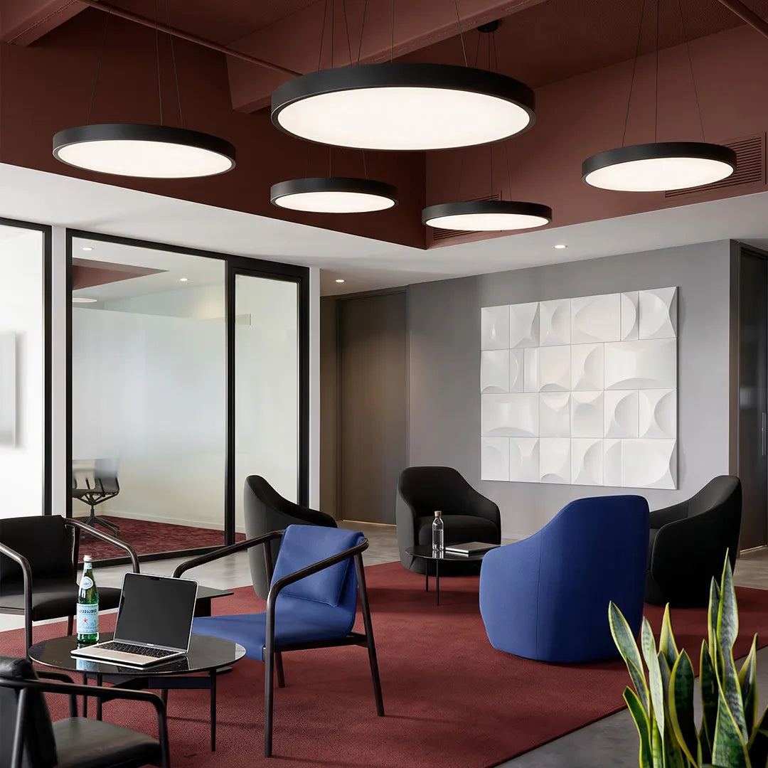 Round LED Pendant Light, Minimalist Iron and Acrylic Circular Ceiling Fixture for Offices and Meeting Rooms, Four Diameters