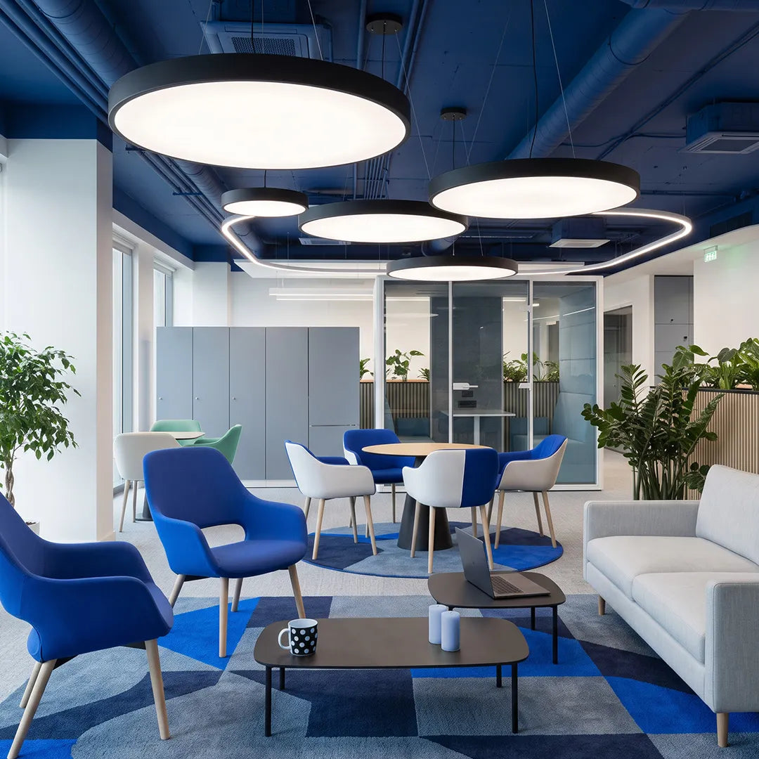 Round LED Pendant Light, Minimalist Iron and Acrylic Circular Ceiling Fixture for Offices and Meeting Rooms, Four Diameters