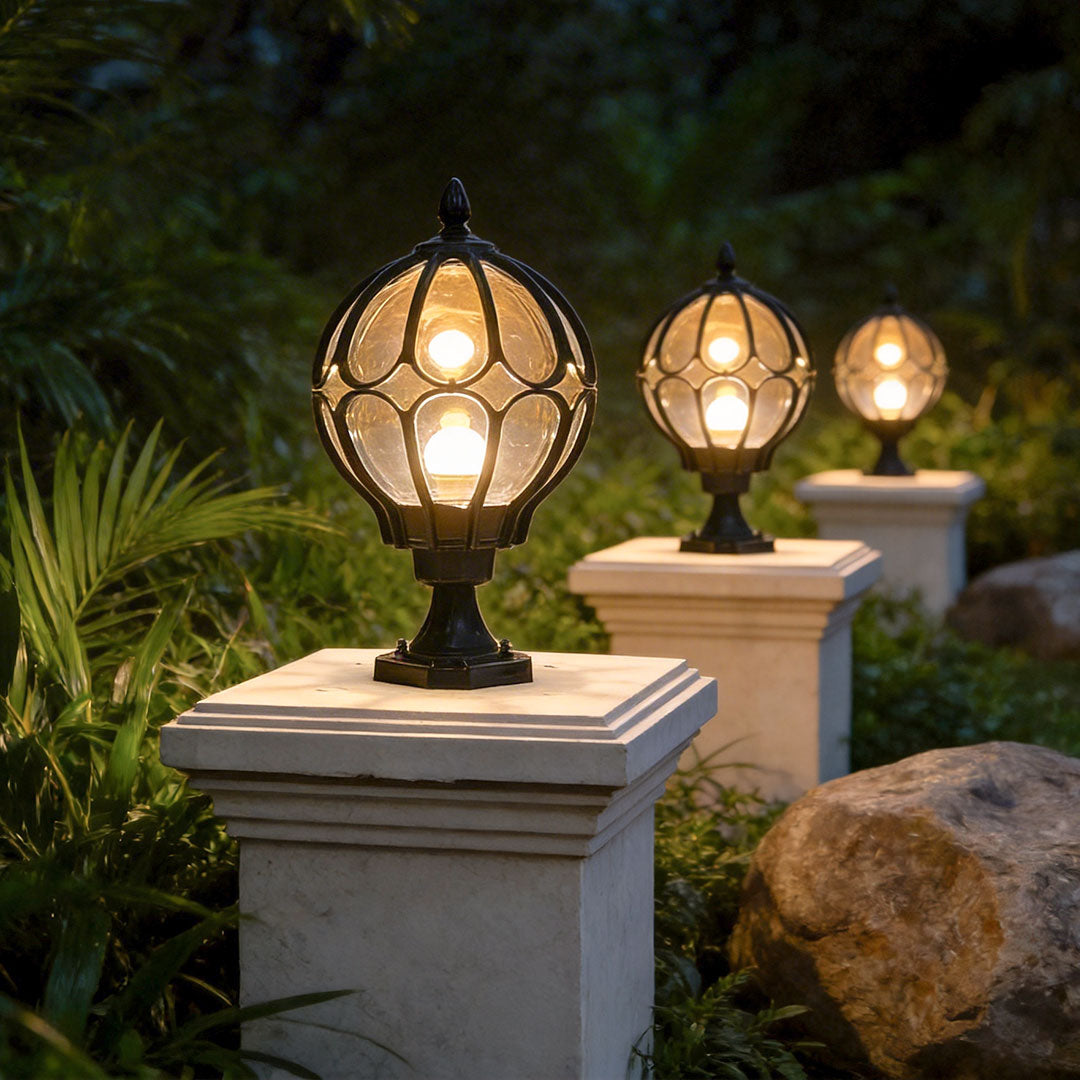 Globe Pillar Post Light, Retro Glass and Metal Fence Post Lantern for Gate Piers and Garden Columns, Black or Bronze in Three Sizes
