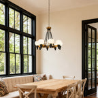 Rustic dark bronze chandelier with a geometric frame