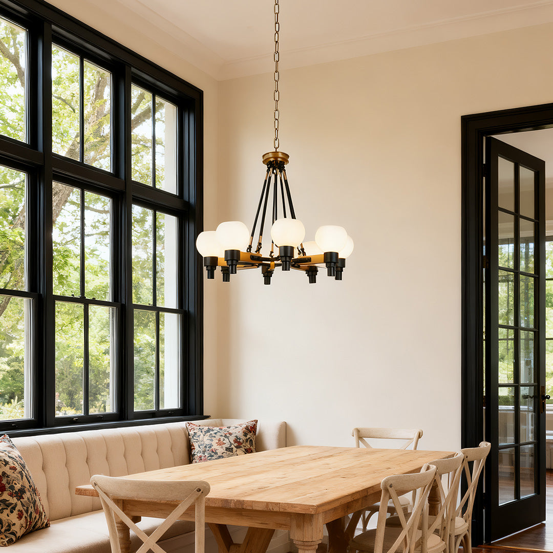 Rustic dark bronze chandelier with a geometric frame
