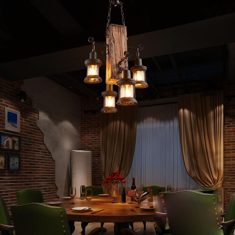 Vintage industrial wood chandelier in a cozy dining area