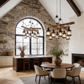 Rustic wood chandelier in a farmhouse dining room