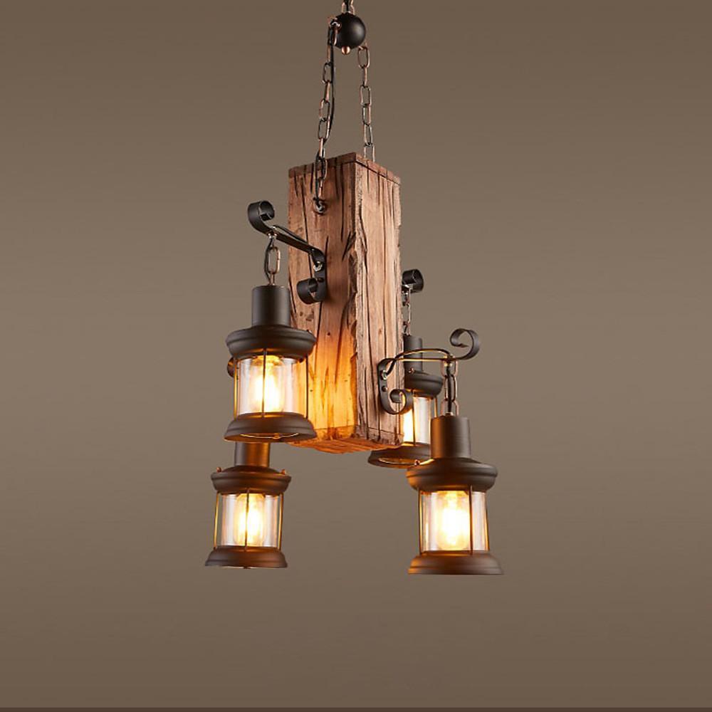 Farmhouse style wood lantern chandelier with four lights