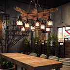 Rustic wood chandelier hanging in a loft interior