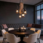 Rustic wood lantern chandelier giving warm glow in a dining room