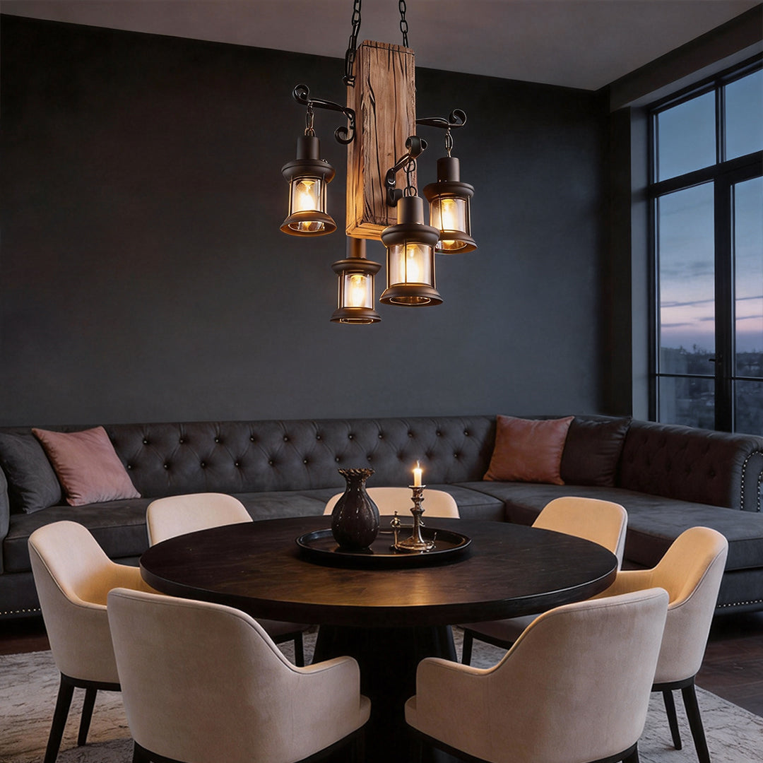 Rustic wood lantern chandelier giving warm glow in a dining room